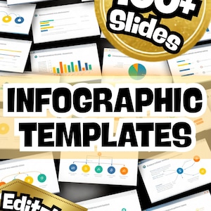 May include: A collection of infographic templates featuring over 100 slides with various charts, graphs, and diagrams in blue, orange, and green. The text 100+ Slides is displayed in a gold circle, and the word Editable is on a gold banner.