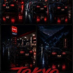 Könnte beinhalten: Eine Sammlung von fünf Kunstdrucken mit schwarzen Sportwagen, die nachts durch Tokio fahren. Die Bilder zeigen Neonlichter, Stadtlandschaften und den Text "Tokyo Night Drive". Die Drucke stammen von Nosleep Garage.