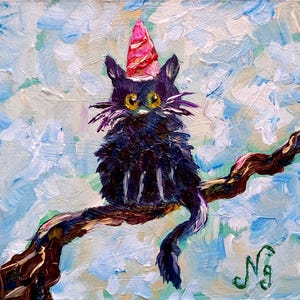 Petit chat peinture à l'huile chat sur arbre Art mural impressionniste portrait animalier 10 x 10 chaton petite peinture 4 x 4 Art drôle de chat Natelly Gree