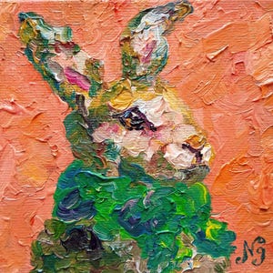 キャンバスに描かれた黒いウサギの絵、装飾的なウサギの油絵