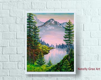 タホ湖の絵画 山 オリジナルアート セコイア タホ湖 山 森林 油絵 カリフォルニア 風景 40x50 国立公園 絵画
