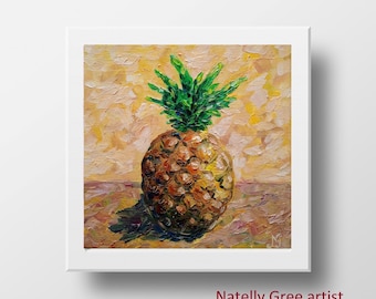 黄金のパイナップル油絵：抽象的な静物画、厚塗りのテクスチャ