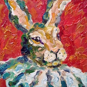 Pintura de coelho Arte original de animal Coelho da Páscoa Vermelho Impressionista Arte de parede Semi Abstrato Retrato de animal de estimação Coelho Texturizado 5x7 Natelly Gree