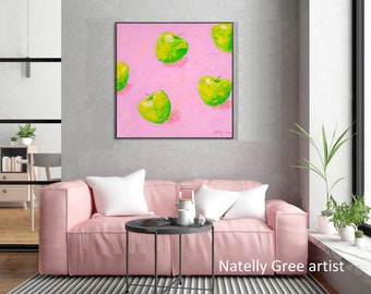 Apple Oil Painting Original Art Green Apples on pink  Painting Minimalist Artwork Art Impressionist Decor Fruit Painting Kitchen Wall Art