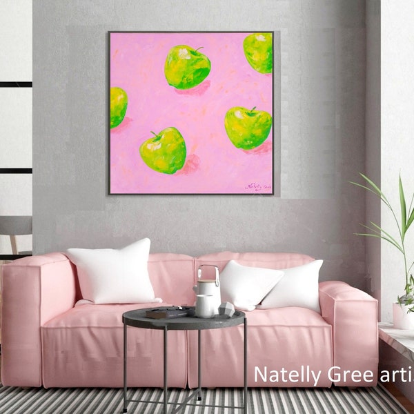 Pommes vertes originales de peinture à l'huile de pomme sur rose, oeuvre d'art minimaliste, déco impressionniste, peinture de fruits, art mural de cuisine