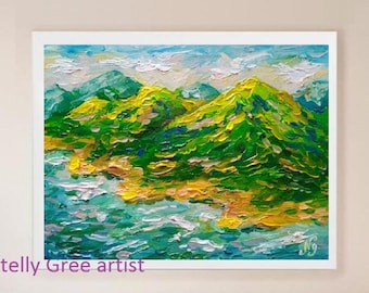 Pintura hawaiana de paisaje marino, obra de arte original, pintura al óleo empastada, arte mural náutico hawaiano, pintura al óleo de océano, montaña y mar, arte costero pequeño