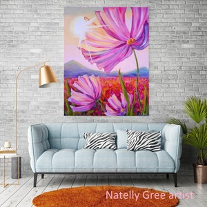 Daisy Oil Painting Chamomile Original Art Pink Red Flower Large Floral Original Painting Daisy Wall Art Canvas Floral Art Chamomile on Sun