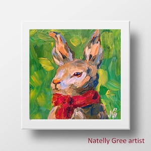 Bunny Oil Painting Canvas Rabbit Green Original Art Hare Impressionist Art Small Rabbit Wall Art Animal Tiny Bunny Textured Pet Portrait Art