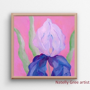 Iris Oil Painting Iris Flower Original Artwork Canvas Pink 6x6 Floral Wall Art Flower Art Painting Iris Art Pink Painting 15x15 Natelly Gree