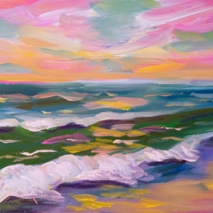 Pequeño mar óleo pintura rosa azul paisaje marino arte original paisaje costero pared arte mar pequeño rosa azul paisaje paisaje marino pintura al óleo 4x6 arte