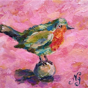 Robin Bird Oil Painting Small Bird Canvas Original Art 10x10 Tiny Robin on ball Artwork Small Bird Pink Wall Art Natelly Gree 4x4 Painting