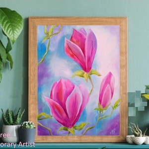 Magnolie Ölgemälde Floral Original Kunst Magnolie Blumenmalerei Leinwand Magnolie Wandkunst Rot Blau Magnolie Blumenkunst 8x10 Natelly Gree