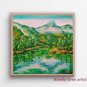 Tahoe Lake Oil Painting Mountain Forest Lake Original Art California National Park Landscape Impressionist Wall Art  Canvas Artwork 20x20