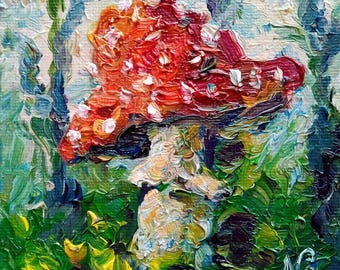 Pintura al óleo de hongos, agárico rojo, lienzo, arte original, arte de pared pequeño, 10 x 10, impresionista, hongo rojo en el bosque, pequeña obra de arte, Natelly Gree, 4 x 4