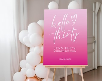 Modern Birthday Welcome Sign Template for Pink Birthday Decor Editable Hello Thirty Sign for 30th Birthday Decor Customizable Sign Canva