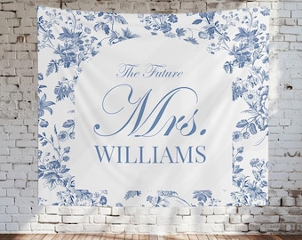 Custom Vintage Floral Bridal Shower Banner for Dusty Blue Themed Wedding Photo Backdrop Shower Sign Personalized for Victorian Shower Decor