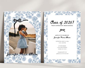 Class of 2025 Bow Graduation Announcement Canva Template Grad Party Toile Pattern Invitation for Senior with photos