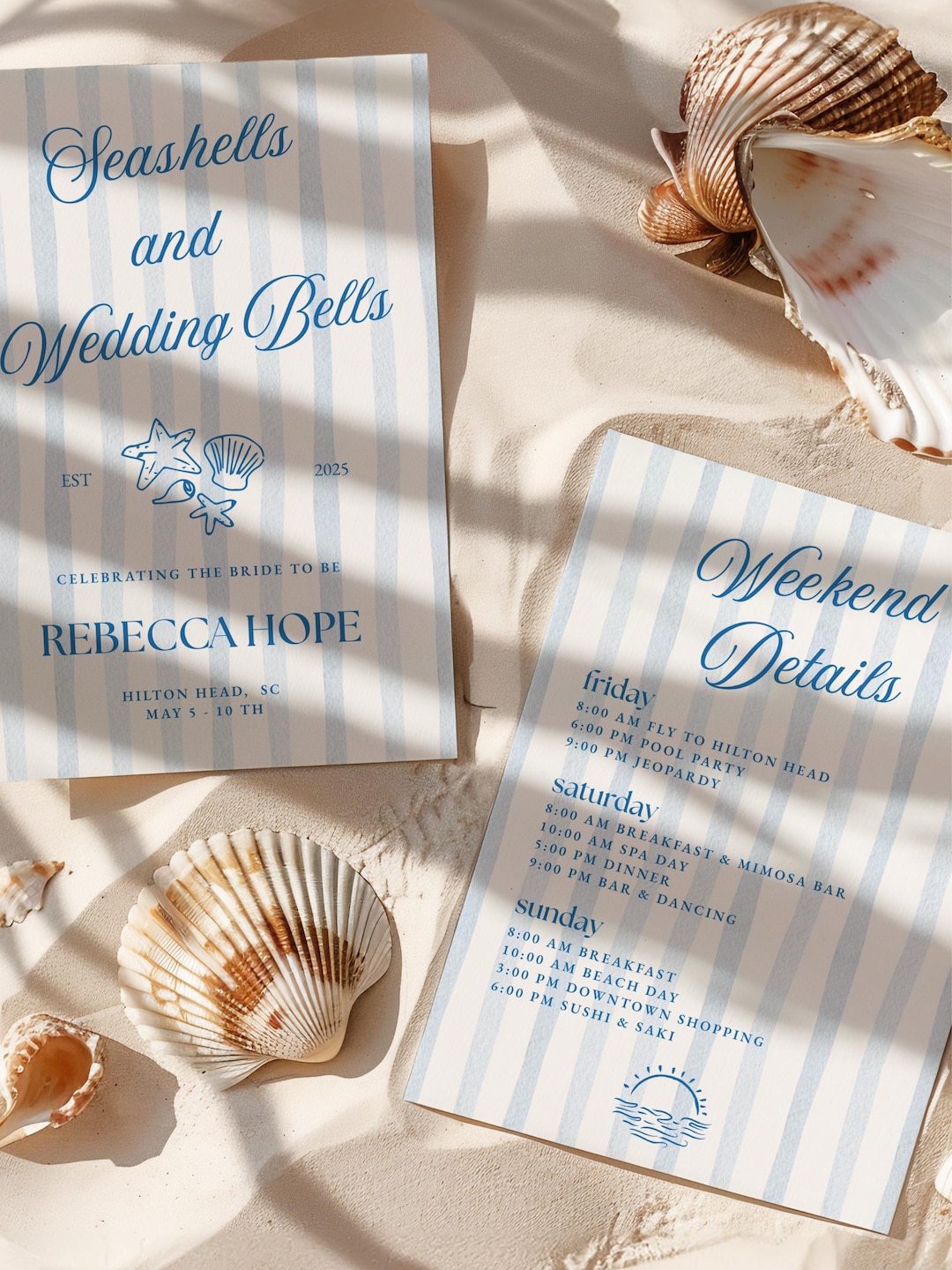 Coastal Bachelorette Itinerary Template for Seashells and Wedding Bells