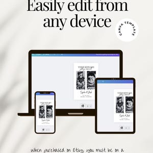 May include: A digital wedding invitation template displayed on a laptop, tablet, and smartphone. The text reads "Easily edit from any device" and "THESE KIDS ARE getting married!" The template is available on Etsy.