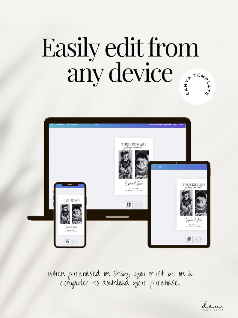 May include: A digital wedding invitation template displayed on a laptop, tablet, and smartphone. The text reads "Easily edit from any device" and "THESE KIDS ARE getting married!" The template is available on Etsy.