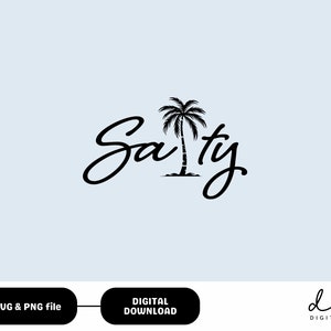 May include: Black and white logo design with the word "Salty" in a handwritten font. A palm tree silhouette is centered between the letters "a" and "t".