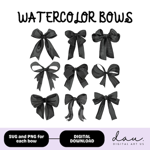 Black Coquette Ribbon Bow SVG Clipart Watercolor Ribbon Bow PNG Coquette Bow Digital Download Trendy Aesthetic Clipart