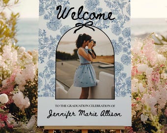 Bow Graduation Welcome Sign Canva Template for Grad Party Toile Pattern Welcome Poster for Graduation Party
