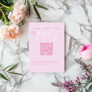 Bachelorette Party QR Code Sign Template: Pink Photo Album (Canva, Instant Download)