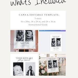 May include: A digital wedding template with the text "What's Included" and "CANVA EDITABLE TEMPLATE". The template includes three sizes: 16 x 20 in, 18 x 24 in, and 24 x 36 in, plus an instructional guide.