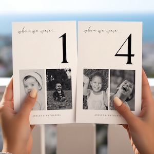 Plantilla de números de mesa para bodas con fotos, tarjeta de mesa de boda imprimible para una boda minimalista, letrero de mesa con foto editable para una boda moderna