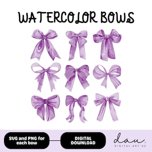 May include: A set of nine watercolor illustrations of purple bows in various styles. The text "WATERCOLOR BOWS" is at the top of the image. The text "SUG and PNG for each bow" is at the bottom left of the image. The text "DIGITAL DOWNLOAD" is at the bottom center of the image. The text "dau. DIGITAL ART US" is at the bottom right of the image.