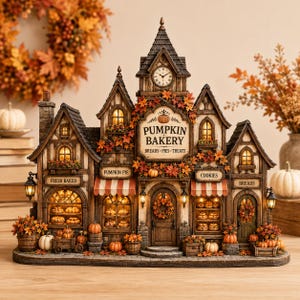 Op de afbeelding: Een decoratief Pumpkin Bakery gebouwfiguur met een centrale klokkentoren, verlichte ramen en herfstdecoratie inclusief oranje bladeren, pompoenen en borden met de tekst PUMPKIN BAKERY, FRESH BAKED, PUMPKIN PIE, COOKIES, BREADS.