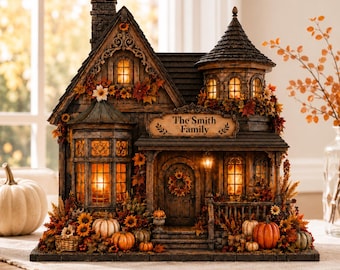 May include: A decorative miniature house featuring a dark wood finish, illuminated windows, and a sign reading The Smith Family. The structure is adorned with artificial autumn leaves, sunflowers, and small pumpkins around the base and porch.