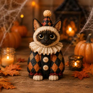 May include: A Siamese cat figurine wearing a harlequin-patterned jester outfit in orange and black, featuring a ruffled collar, a matching pointed hat with a pom-pom, and two buttons on the front. The cat has large dark eyes and light fur.