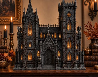 May include: A dark gray, detailed model of a gothic cathedral featuring pointed arches, tall spires, and stone gargoyles. The structure is illuminated from within, casting a warm orange glow through the windows, with intricate textures resembling weathered stone.