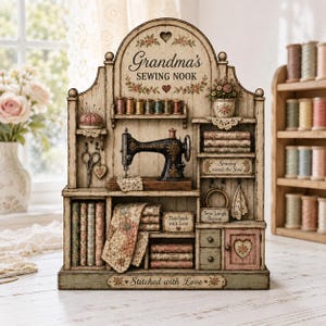 May include: A decorative wooden sewing nook display featuring a vintage-style sewing machine, shelves with thread spools, fabric stacks, and floral accents. The piece includes text reading Grandma's Sewing Nook, Sewing mends the Soul, Sew Laugh Repeat, Handmade with Love, and Stitched with Love.