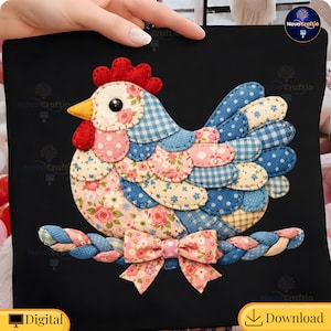 May include: A decorative pillow with a colorful patchwork chicken design. The chicken features a red comb and wattle, a yellow beak, and a black eye. The body is made of various patterned fabrics, including floral, polka dot, and gingham. A pink bow is at the bottom.
