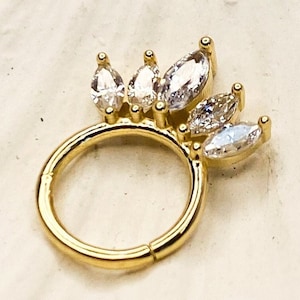 Marquise Hoop Earring,14K Solid Gold Zircon Stone Conch Earrings, Daith Ring, 18G Nose Hoop Piercing, Hinge Hoop Daith Ring, Rook Ring