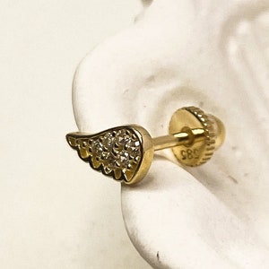 Piercing de hélice de una sola ala con pavé de oro macizo de 14 quilates, piercing para trago con circonita cúbica, piercing para daith, piercing para oreja con perno, pendiente de oro de 14 quilates, regalo para ella