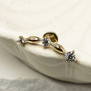 14K Solid Gold Round Brilliant Cut Helix Piercing, Cz Tragus Piercing, Daith Piercing, Stud Ear Piercing, 14K Gold Earring, Gold Helix
