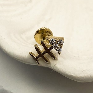 14K Solid Gold Fish Bone CZ Helix Piercing