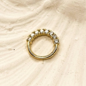 14K Solid Gold Full Round Cz Hoop Earring, Zircon Stone Conch Earrings, Daith Ring, Nose Hoop Piercing, Hinge Hoop Daith Ring, Rook Ring