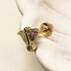 14K Solid Gold Pave Symbol of The Sun Eagle Helix Piercing, Cz Stone Tragus Piercing, Daith Piercing, Stud Ear Piercing, 585 Gold Earring
