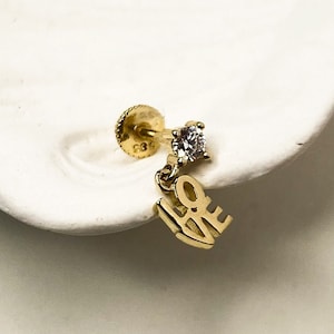 14K Solid Gold Minimal Love Eardrops Helix Piercing, Cz Tragus Piercing, Daith Piercing, Stud Ear Piercing, 14K Gold Earring, Gift for Her
