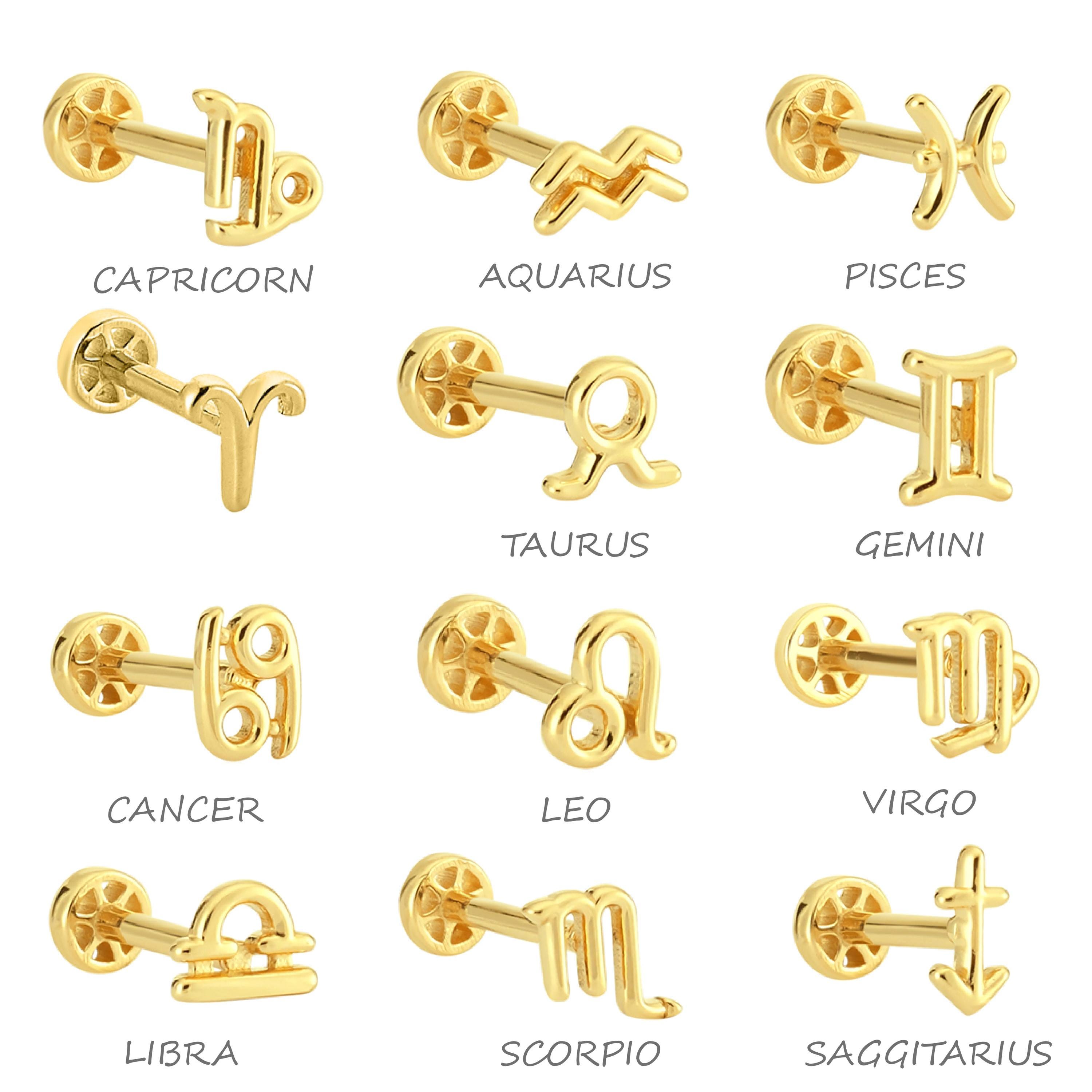 14K Real Gold Zodiac Sign Tragus Piercing, Aries Taurus Gemini Cancer Leo Virgo Libra Scorpio Sagittarius Capricorn Aquarius Pisces Piercing