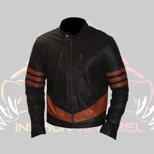 Xmen Wolverine Leather Jacket, Xmen Wolverine Leather Jacket, Leather jacket for men, black leather jacket with brown stripes