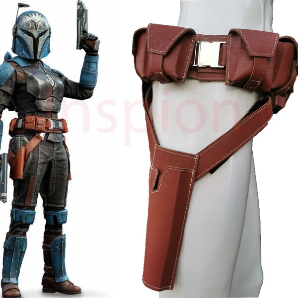 Custom Bo Katan Kryez leather cosplay belt 6 pouches and 2 holster, Mandalorian Costume Accessory, Inspired by Book of Boba fett.