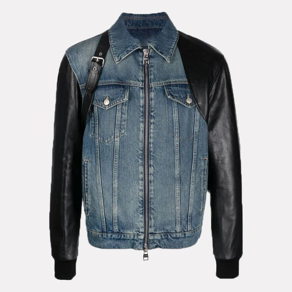 Handmade Denim Jackets CUSTOMISED vintage 80's 90's trucker denim jeans jacket Cowhide leather sleeves Gift for Him stylish denim jacket men