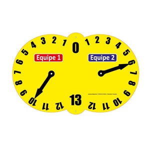 Peut inclure: Un tableau de bord jaune avec des chiffres et des aiguilles noirs, intitulé "Equipe 1" et "Equipe 2". Le tableau de bord affiche les chiffres de 0 à 12, avec le chiffre 13 en bas. Les aiguilles pointent vers les chiffres 10 et 6.