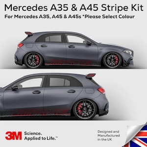 May include: A gray Mercedes A35 & A45 Stripe Kit, with red accents, is shown in two views. The text "Mercedes A35 & A45 Stripe Kit" is at the top. The text "For Mercedes A35, A45 & A45s *Please Select Colour" is below. The 3M logo is at the bottom.